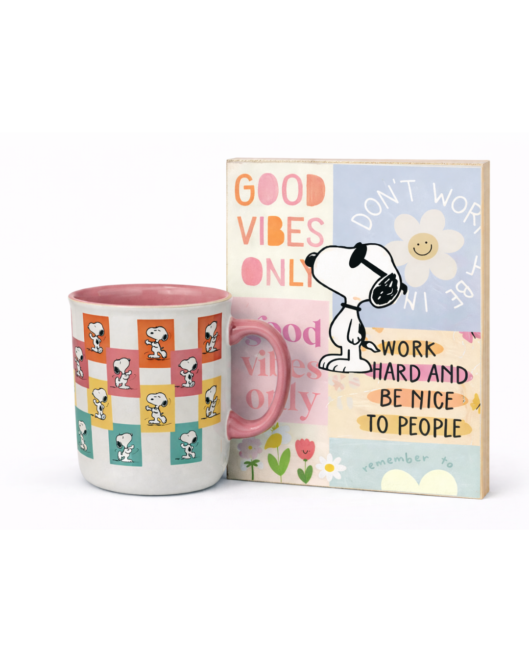 🐶 Set Snoopy Good Vibes – Taza 14 oz + Maderita Decorativa 7.25” x 5”