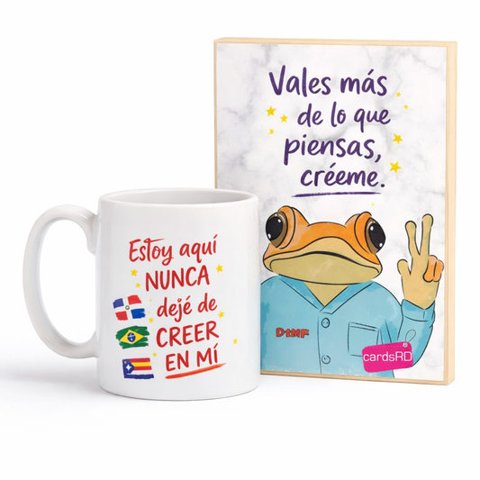 🐸 Set Nunca Dejé de Creer en Mí – Taza 11 oz + Maderita Decorativa 7.25” x 5”